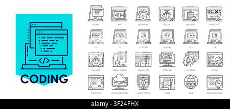 Software program code vector icons set. Outline coding and development symbols including algorithm, bug fix, malware and programming languages. Vector icons of tech website, software documentation Stock Vector