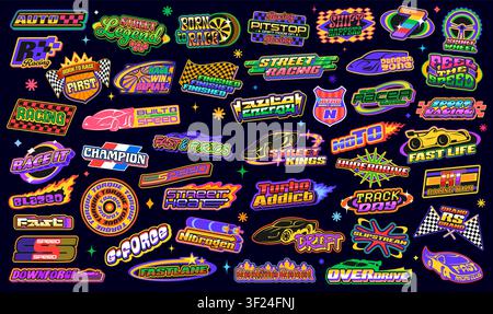 Retro y2k groovy racing sport stickers, car race patch labels. Vintage speed race auto vehicle vector icons with retro groovy racing flags, fire flames and wheel tire. Auto race sport stickers pack Stock Vector