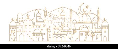 Arabian city landscape silhouette with crescent moon and mosque, dome, minarets, arch and palm trees. Golden line art panorama features desert dunes for Eid Mubarak or Ramadan Kareem event banners Stock Vector