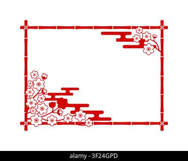 Oriental Japanese bamboo frame featuring red bamboo stick border decorated with Sakura blossom branches and traditional red cloud elements. Minimalist Asian border for lunar new year greeting cards Stock Vector