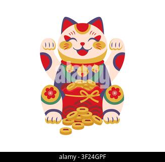 Cartoon Japanese Maneki Neko lucky cat with a red money sack brimming with golden coins, symbolizing prosperity. Isolated beckoning kitten toy symbol of Asian culture, wealth, success and good fortune Stock Vector