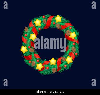 Christmas fir tree wreath decoration, festive pine branch winter holiday decor. Vector round natural evergreen garland with red ribbon, star ornaments, pinecones and berries arranged in circular frame Stock Vector