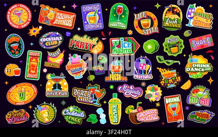 Cocktail drinks y2k groovy stickers, funky patch labels set of vector summer party beverages. Retro groovy glasses with ice and fruit, coffee, mojito, wine and juice cocktail drinks isolated stickers Stock Vector