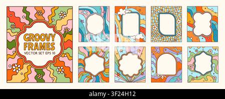Psychedelic retro groovy cartoon frames and y2k wavy borders. Quirky wave hippie cartoon borders with wavy shapes, flower, stars, clouds and ribbons. Pop art photo frame backgrounds with funky vibe Stock Vector