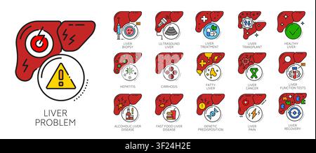 Line icons of chronic liver diseases and therapy. Medical problem symbol, liver health sign. Gastrointestinal medicine outline icons set with hepatitis, cirrhosis and cancer, alcoholic diseases Stock Vector