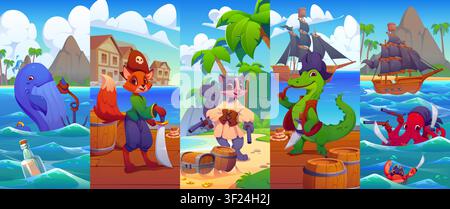 Cartoon animal pirates and corsair sailors characters collage. Funny fox, cat, crocodile, whale, octopus and crab on tropical treasure hunt adventure with sea ship and sandy island with palm trees Stock Vector