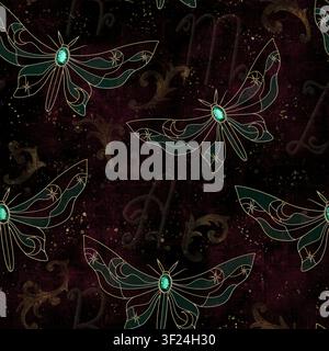 Elegant seamless pattern featuring emerald jeweled butterflies, golden Art Nouveau details and a rich dark textured background. Luxurious design for f Stock Photo