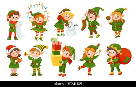 Cartoon Christmas elf characters in festive green holiday costumes with hats, scarves, gifts, lights, stocking, snowman, lollipop, cocoa and magic wand, Vector Santa helpers joyful winter activities Stock Vector