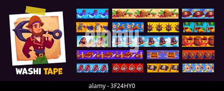Pirate washi tape adhesive stickers, paper scotch stripes, sticky scrapbook masking pieces. Cartoon set of decorative strips with treasure chest, ship, anchor, octopus, pirate flag, cannon and barrels Stock Vector