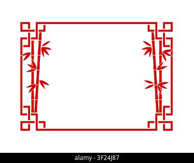 Traditional Japanese frame, decorative Asian border with oriental patterns. Red rectangular Japan trim template with bamboo stalks, leaves and geometric corner motifs Asian photo frame background Stock Vector
