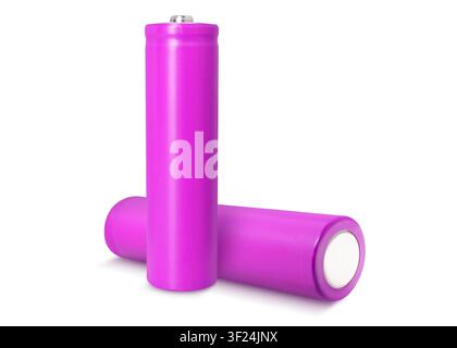 Alkaline batteries in magenta color isolated on white Stock Photo