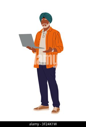 Man in orange jacket and turban holds laptop Stock Vector
