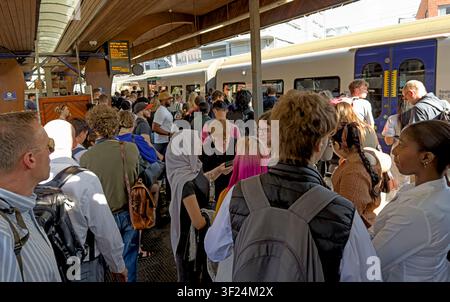 Crowded platform at Manchester Oxford Road station as evening passengers gather beside a train, highlighting congestion and rail safety concerns. Stock Photo