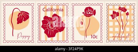 Four vintage style stamps depict poppy flowers Stock Vector