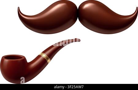 Realistic mustache and smoking pipe isolated on white background. Classic Father Day symbols and gentleman accessories Stock Vector