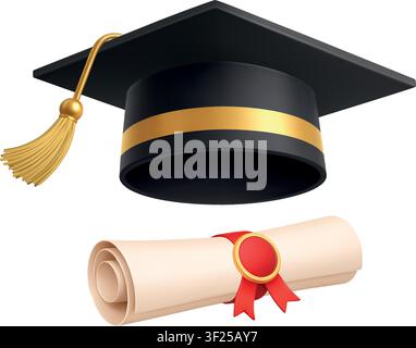 Graduation cap and diploma certificate, academic achievement education icon. Realistic 3D illustration Stock Vector