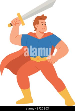 Strong cartoon superhero in red cape holding sword. Brave muscular hero character in blue and red suit standing proud flat vector illustration Stock Vector