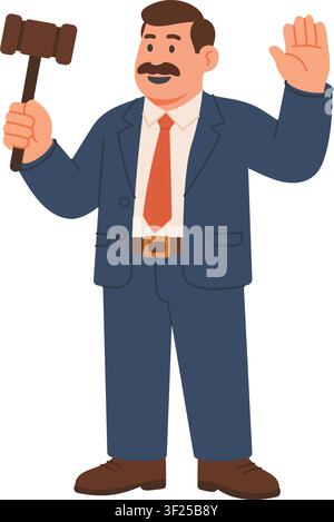 Serious cartoon judge or lawyer holding wooden gavel. Confident mature man with mustache wearing formal blue suit flat vector character illustration Stock Vector