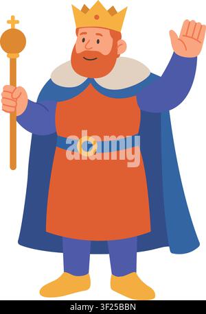 Friendly cartoon king wearing golden crown and purple royal cape holding scepter. Happy monarch character waving hand flat vector illustration for Stock Vector