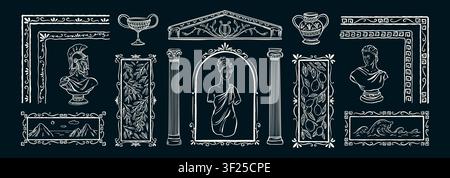 Antique Greece design elements hand drawn on the blackboard. Ancient Greece architecture. Goodness statue. Sketch Greek key pattern frames, borders, c Stock Vector