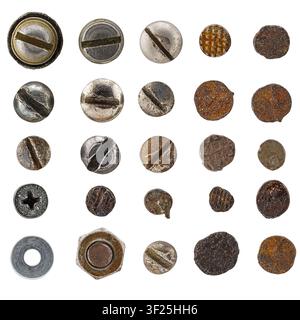 Heads of old screws and rusty nails isolated on white. Stock Photo