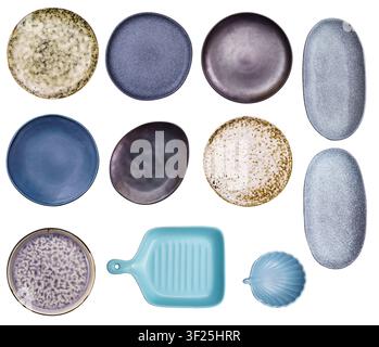 This set features variety of empty ceramic dishes  isolated on white. Stock Photo