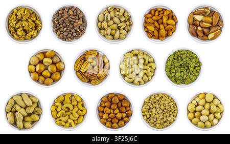 Collection of various nuts above view, isolated on white. Stock Photo
