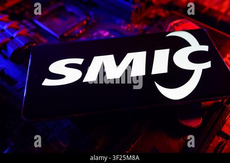 SMI Logo Displayed on Computer Chip Circuit Board CPU Motherboard Representing Semiconductor Manufacturing and Technology Industry Company Stock Photo