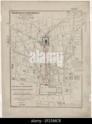 A proposed communication route between the Tuileries Palace and the Boulevard des Italiens, indicating a site for the construction of a permanent Opera Theatre and including plans for the complete leveling of the Butte St-Roch, also known as the Butte des Moulins, by Hippolyte Barnout, a French architect, 1856-1858. Stock Photo