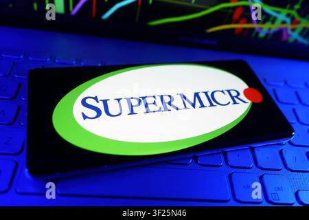 Supermicro Company Logo Displayed on a Smartphone Screen with Stock Market Performance Chart Stock Photo