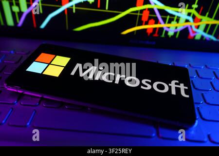 Microsoft Technology Company Developing Software Cloud Computing and Artificial Intelligence Solutions Logo on Smartphone With Stock Market Performanc Stock Photo