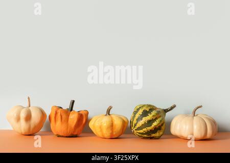 Five autumn ornamental pumpkins and gourds arranged in a row on orange surface against pale blue background with large copy space. Stock Photo