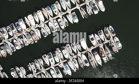 Top-down aerial view of closely packed boats docked at a marina, Drone photography, San Diego Marina, San Diego, California, USA Stock Photo