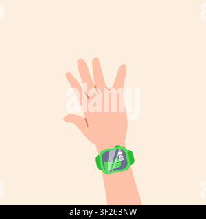 Cute green kid smart watch on hand wrist Stock Vector