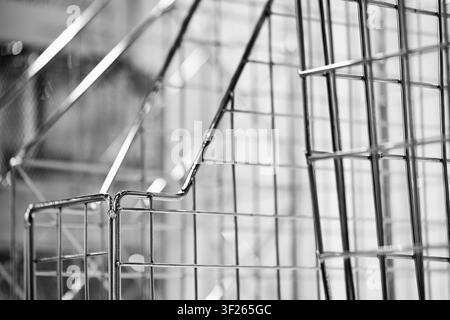 Close-up black-and-white shot of metal wire mesh structures. Intersecting wires form geometric grid pattern. Sharp lines create sharp focus on foregro Stock Photo