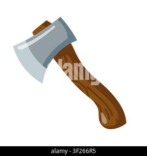 Camping axe with wooden handle and steel blade. Cartoon vector illustration on white background  Stock Vector