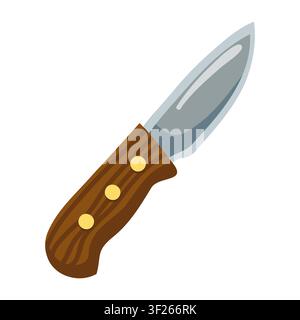 Camping knife with wooden handle and pointed steel blade. Cartoon vector illustration on white background  Stock Vector