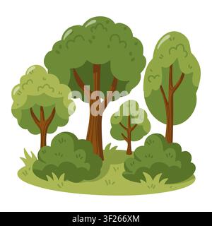 Green forest with leafy trees, bushes and grass. Cartoon vector illustration on white background  Stock Vector