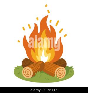 Burning campfire with stacked wooden logs on grass. Cartoon vector illustration on white background  Stock Vector