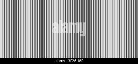 Grey striped halftone gradient texture. Thin to thick lined metal gradation background. Repeating parallel strip wallpaper for banner, poster. Vector fading vertical linear backdrop. Doppler concept Stock Vector