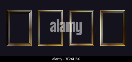 Thin golden metal frame set. Gold rectangle border collection. Art deco style shining rectangular A4 frame bundle. Vector luxury glowing shiny boarder element pack for photo, cadre, poster, card Stock Vector