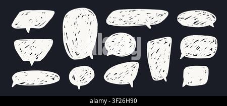White hand drawn dialog box on blackboard. Doodled crayon speech bubbles on chalkboard. Rough sketched comic talk frames. Scribbled balloon text box bundle. Vector pastel chalk pencil chat cloud pack Stock Vector