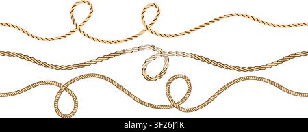 Beige brown rope wave pattern collection. Repeated squiggle curve thread lace set. Repeating hemp cord motif bundle. Wiggly braid twine plait loops. Tangled chain, wire or yarn string tie pack. Vector Stock Vector