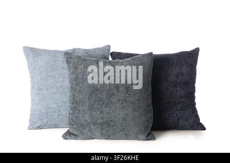 Three textured decorative pillows in varying shades of blue and gray, home decor and comfort concept, isolated on white background Stock Photo