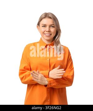 Young businesswoman with hearing aid using sign language on white background Stock Photo