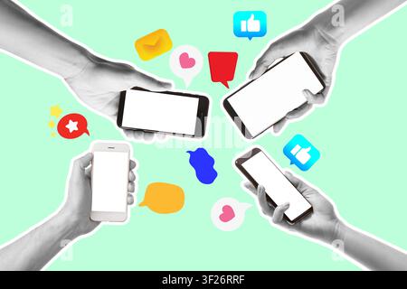 Multiple hands holding smartphones with blank screens and social media icons on a light green background, the digital devices and communication symbol Stock Photo
