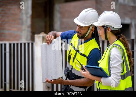 Project manager women and civil engineer wearing vests and hard hats inspect the quality of roofing materials, discussing details of material selectio Stock Photo