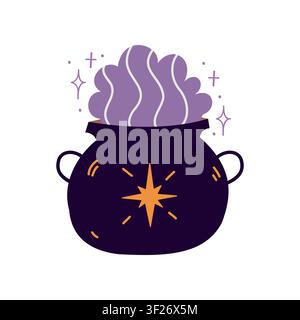 Witch cauldron vector illustration, cute halloween magic potion icon with star isolated on white background Stock Vector