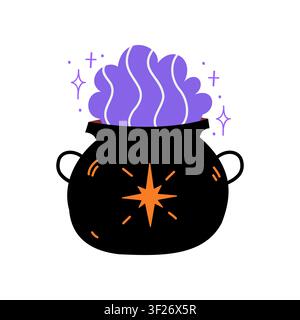 Witch cauldron vector illustration, cute halloween magic potion icon with star isolated on white background Stock Vector