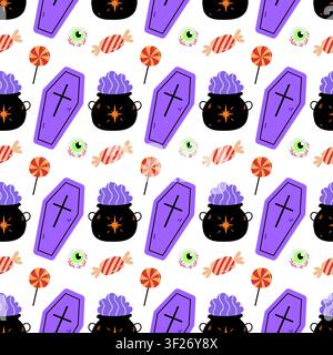 Halloween seamless pattern with coffin cauldron eyeball and candy vector background for spooky gift wrapping paper design Stock Vector